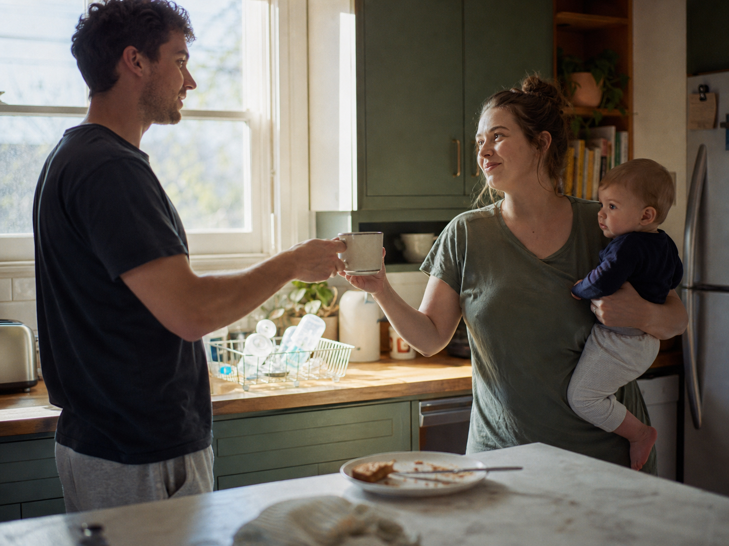 The same kitchen as 3am — but in morning light, one parent handing the other a coffee, baby on a hip.