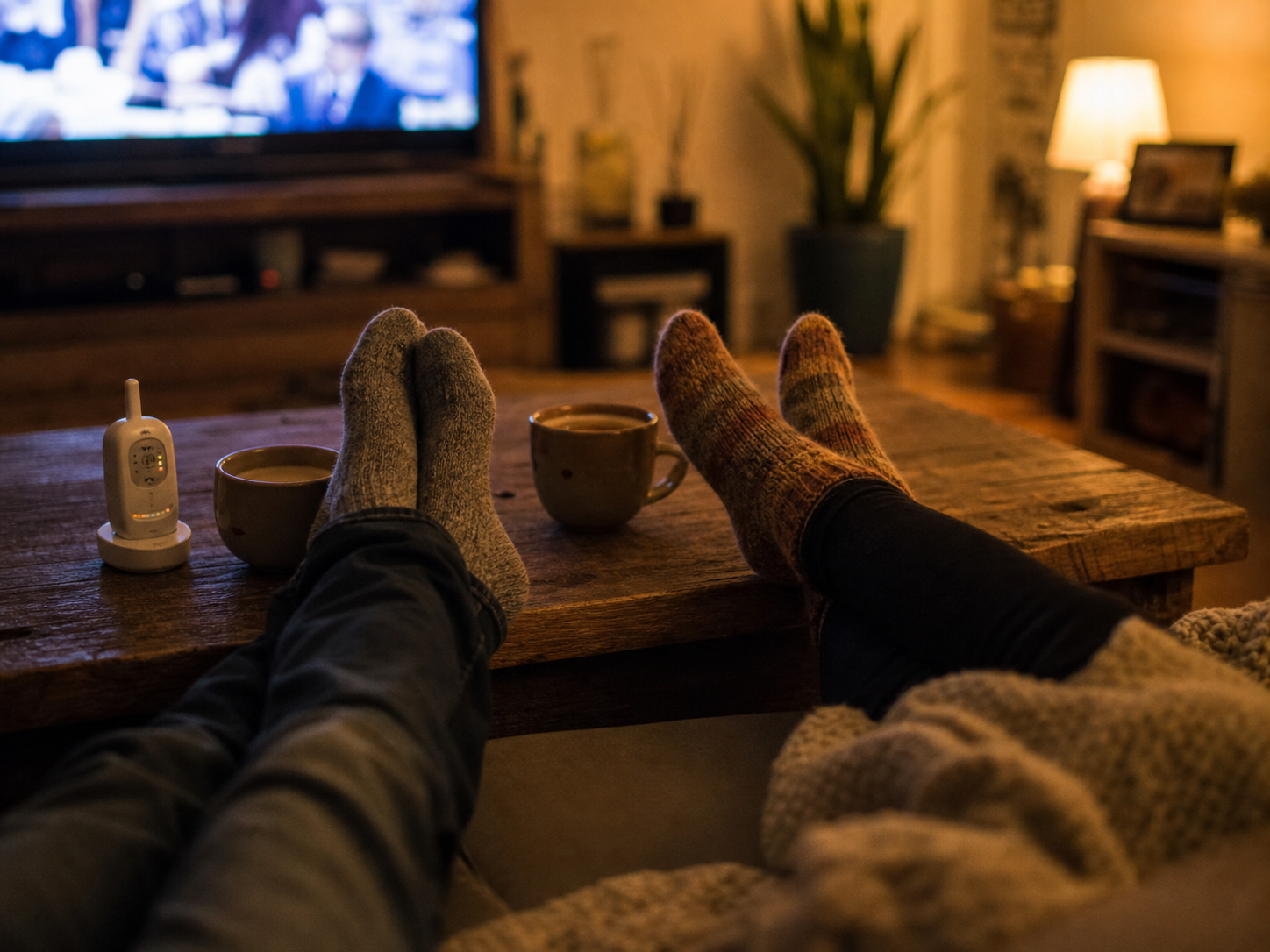 Two pairs of feet up on the coffee table next to a quiet baby monitor, evening lamplight.