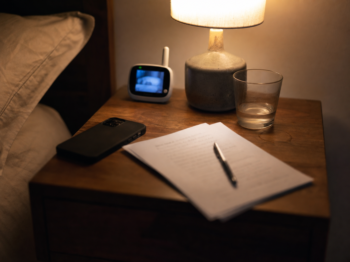 A nightstand at night: lamp on, phone face down, a printed page and a pen.