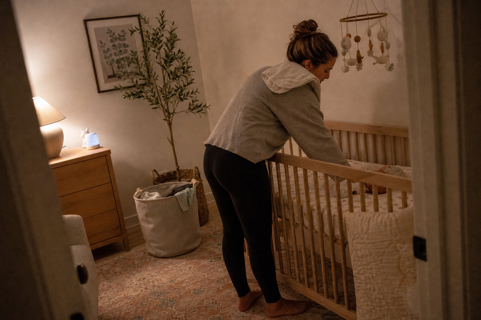 A mother easing away from the crib in a dark nursery, mid-step.