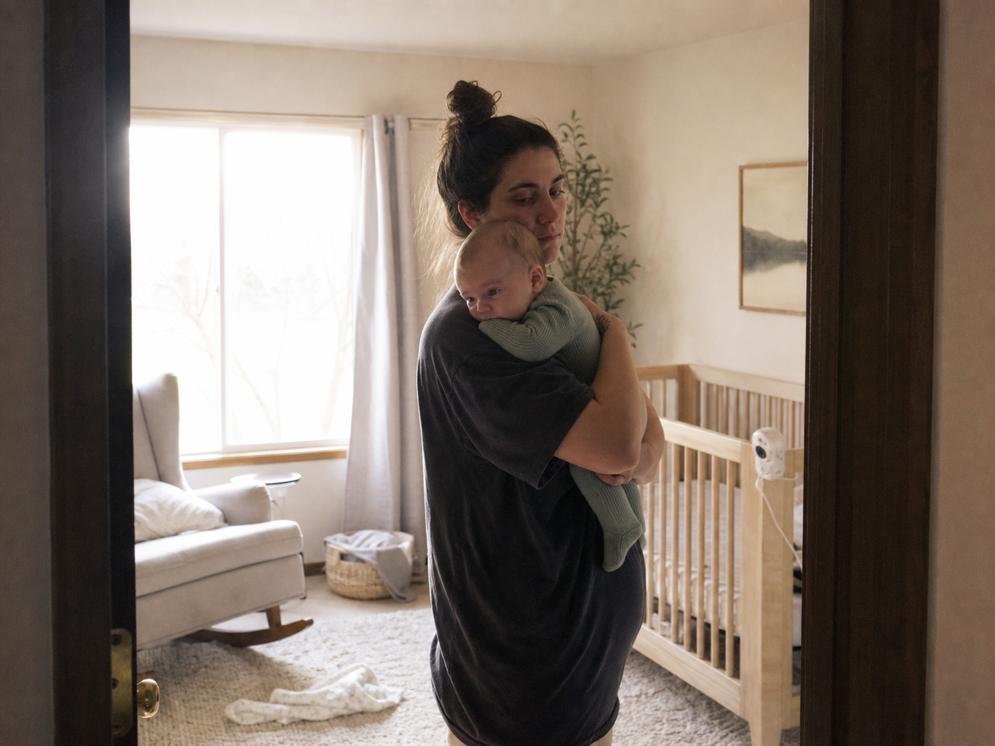 A mother holding her wide-awake baby in the doorway at sunrise.